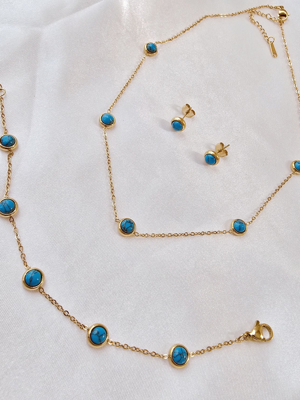 JEWELRY SET -Gold-Plated Turquoise Station Necklace, Bracelet & Stud Earring Set